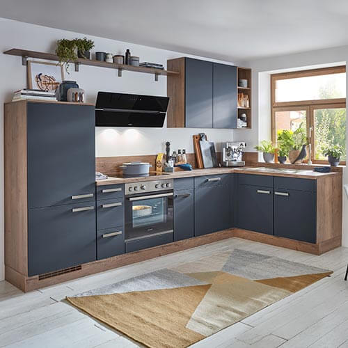 winkelkueche easytouch von nobilia mit fronten in lacklaminat, fjordblau ultramatt und integrierte e-geräte