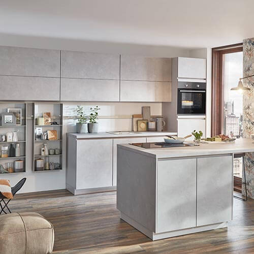 winkelkueche riva von nobilia mit fronten und arbeitsplatte in beton sand nachbildung und integrierte e-geräte